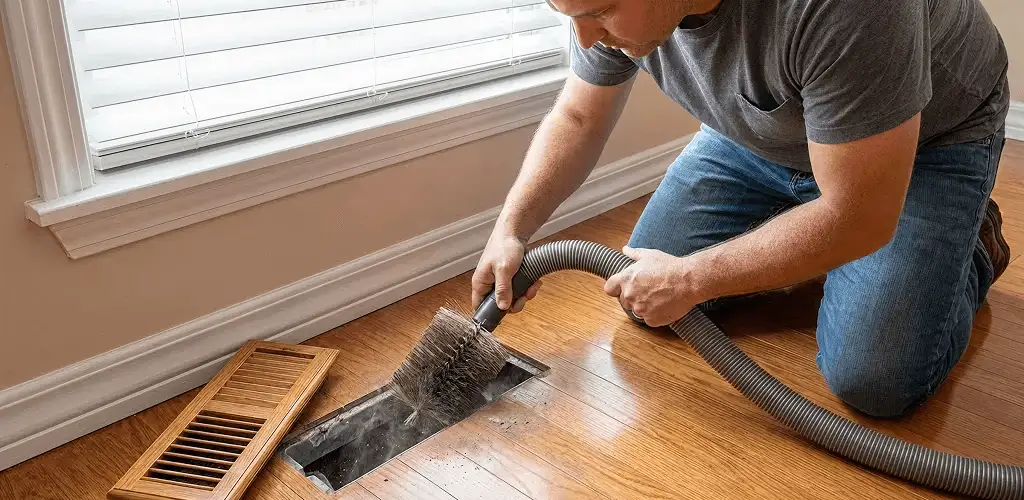 Air duct cleaning technician vacuuming a floor vent and duct opening in Dallas, TX