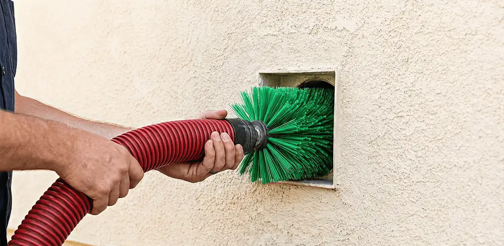 Air duct cleaning brush removing debris from a vent opening in Dallas, TX