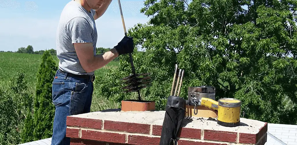 Chimney cleaning technician working on a rooftop chimney with professional tools in Dallas, TX