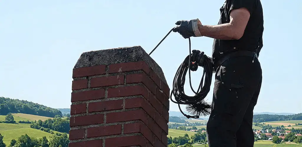 Chimney sweep inspecting and cleaning a rooftop chimney in Dallas, TX