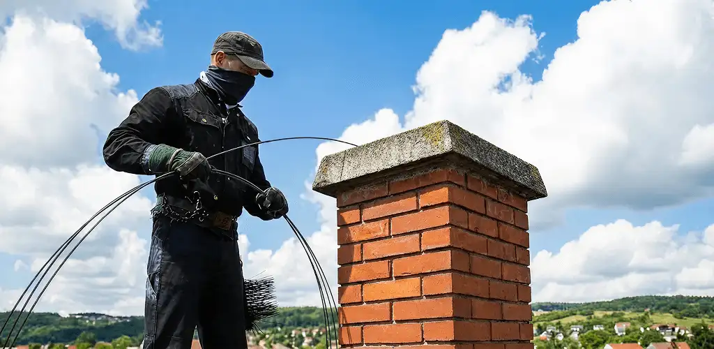 Chimney sweep cleaning a brick chimney with professional tools in Dallas, TX