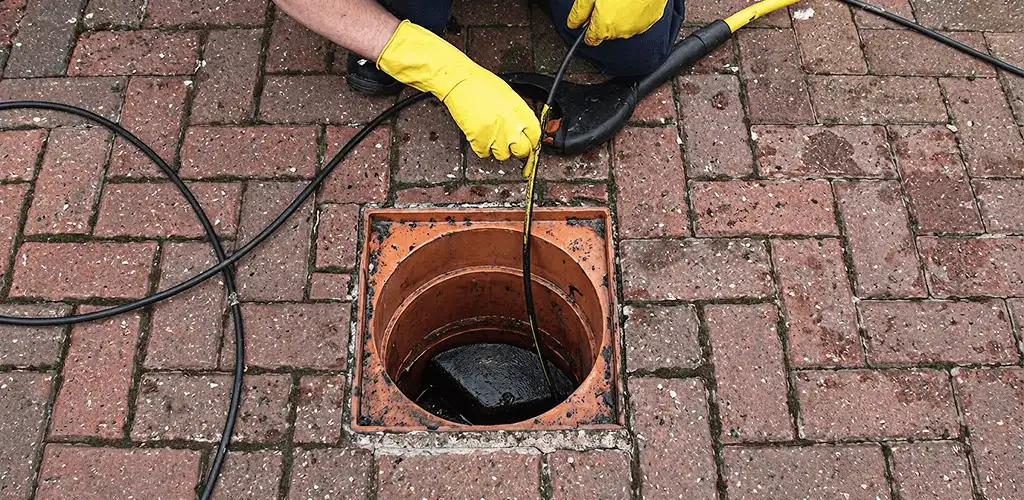 Drain cleaning technician using a drain snake to clear a clogged drain in Dallas, TX