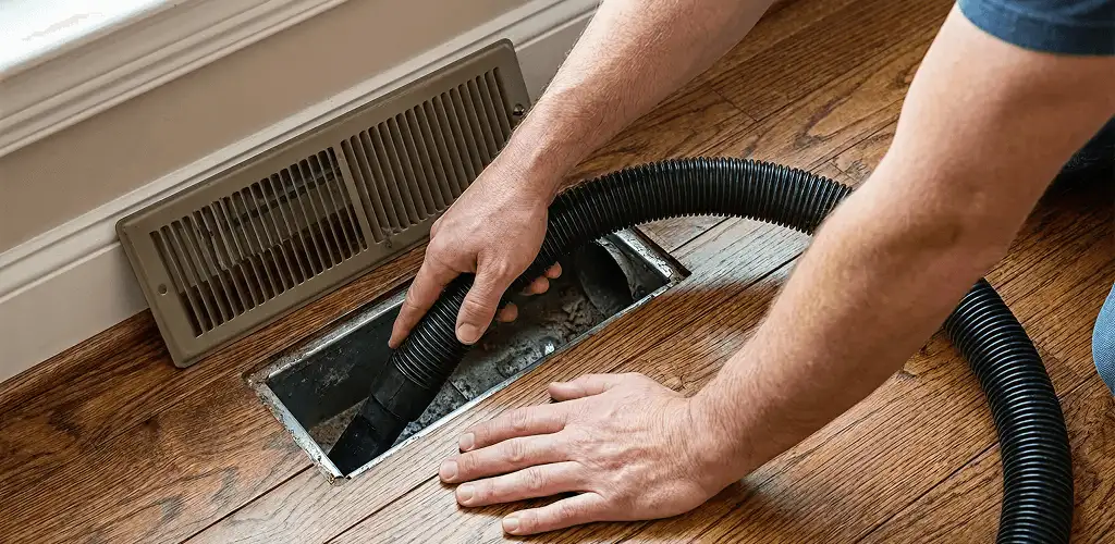 Air duct cleaning technician vacuuming a floor register and duct opening in Dallas, TX