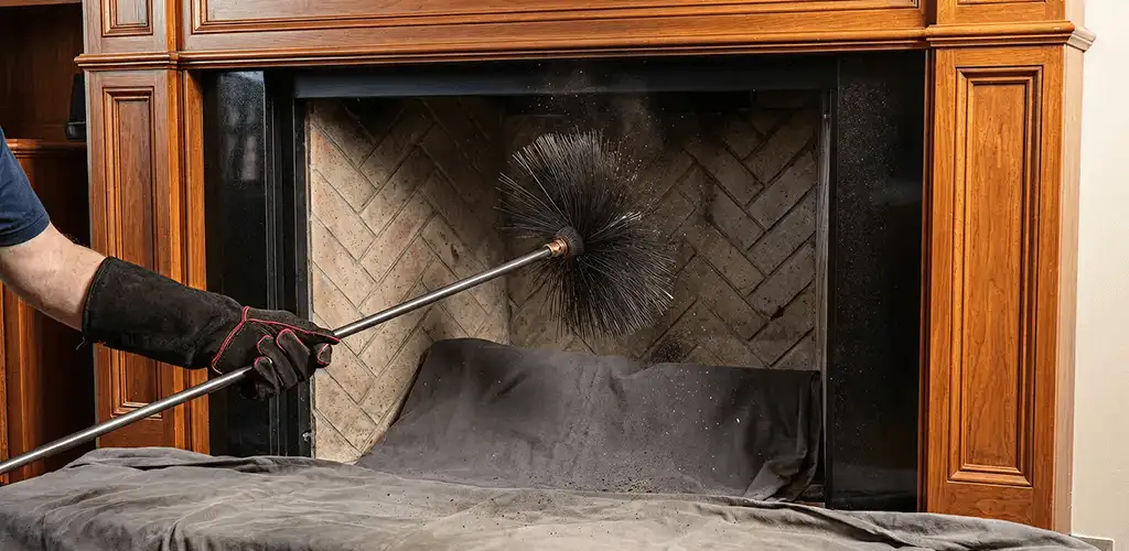 Chimney cleaning service brushing soot from a fireplace and flue in Dallas, TX