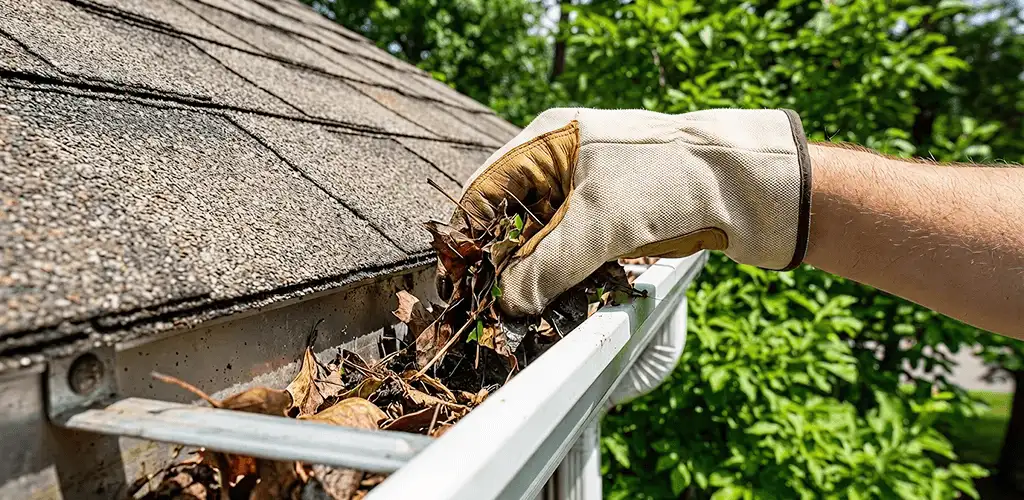 Gutter cleaning removing leaves and debris from roof gutters in Dallas, TX