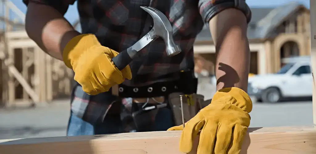 Handyman fixing wood trim with a hammer for home repairs in Dallas, TX