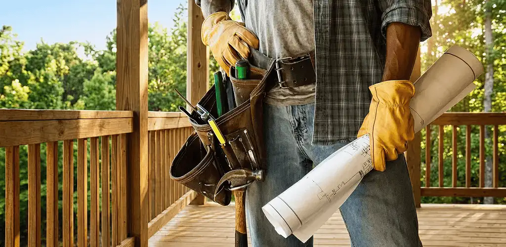 Professional handyman with tool belt ready for home repairs in Dallas, TX