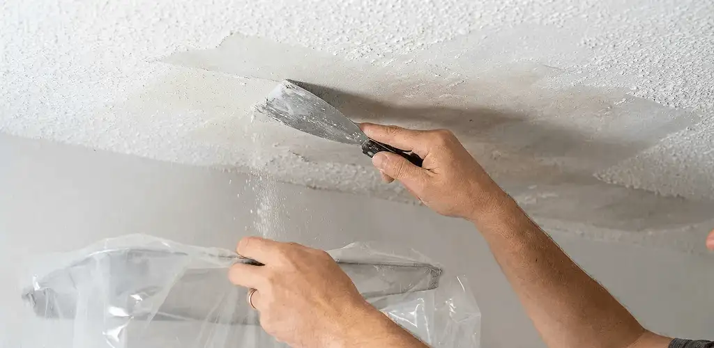 Popcorn ceiling removal technician scraping texture from a ceiling in Dallas, TX