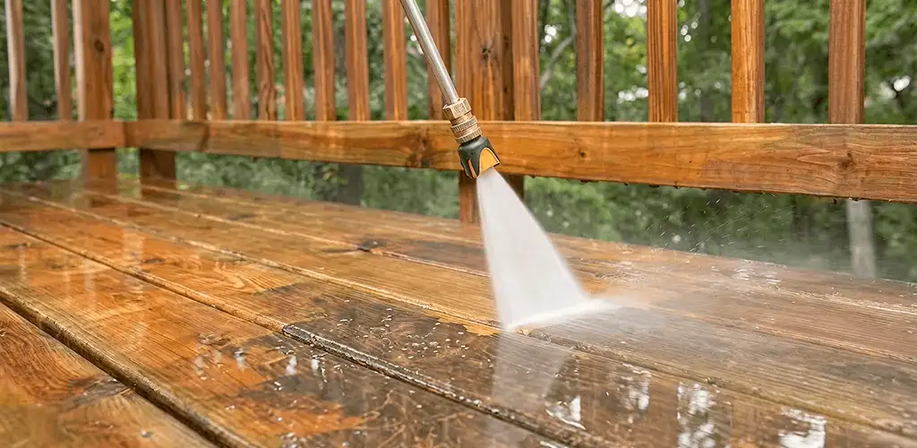 Pressure washing a wood deck to remove dirt and buildup in Dallas, TX