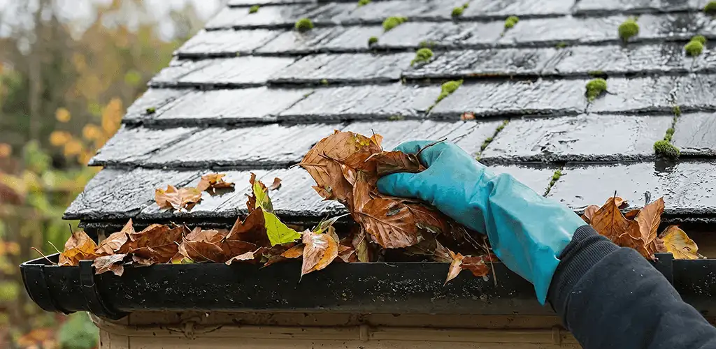 Gutter cleaning technician clearing wet leaves from roof gutters in Dallas, TX