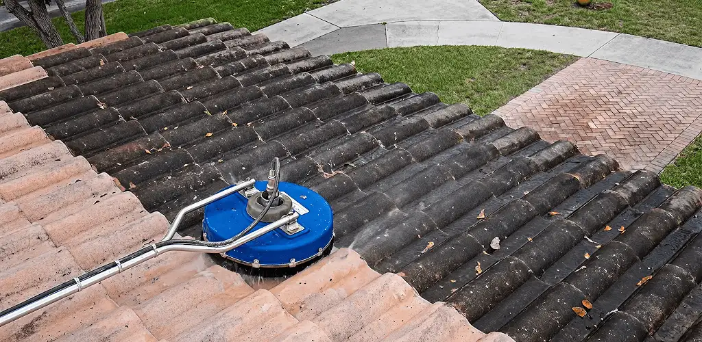 Roof pressure cleaning removing debris and buildup from roof tiles in Dallas, TX