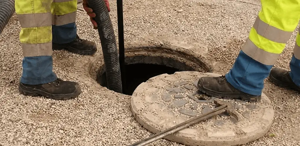 Drain cleaning crew clearing a sewer access point with professional equipment in Dallas, TX