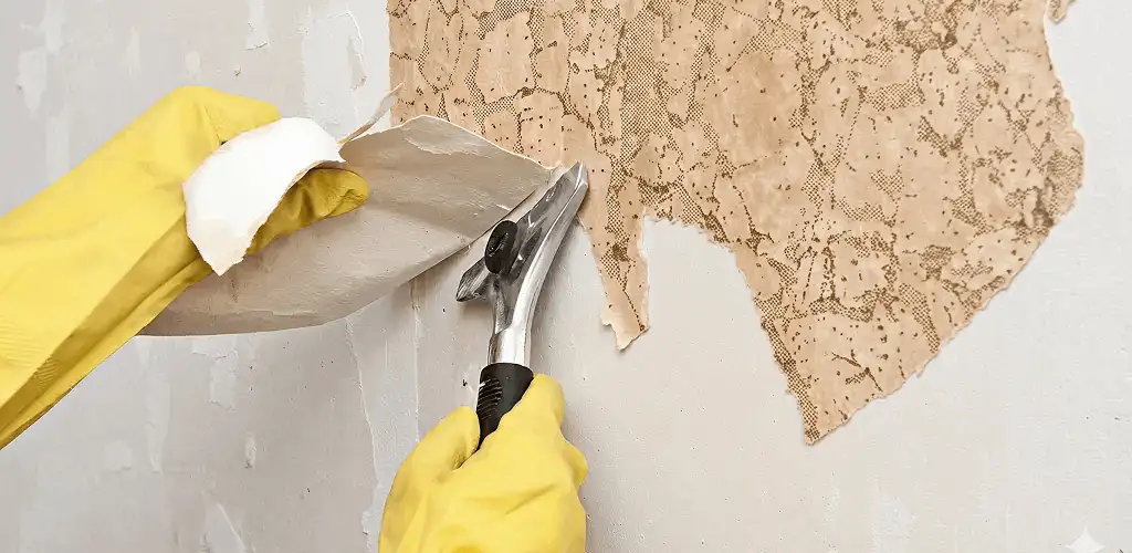 Wallpaper removal service stripping old wallpaper from a wall in Dallas, TX