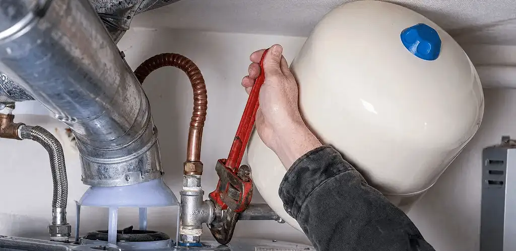 Water heater repair technician tightening plumbing connections near a tank unit in Dallas, TX